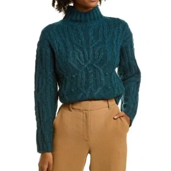 VINCE Interlaced Cable Knit Turtleneck Sweater Dark Malachite Sz M Alpaca Wool - Picture 1 of 15
